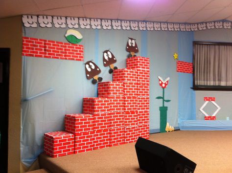 Mario VBS Mario Themed Backdrop, Super Mario Vbs, Mario Vbs Decorations, Mario Vbs, Mario Castle, Orange Vbs, Mario Kart Party, Mario Bros Birthday Party Ideas, Mario Birthday Cake