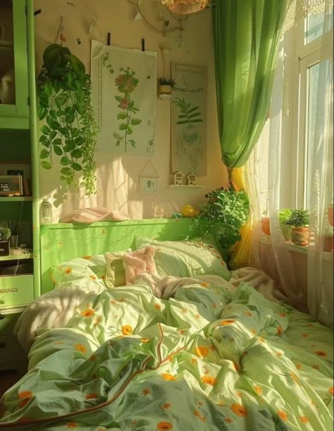 Blue Green Room Aesthetic, Pastel Green Room, Flower Bedroom Aesthetic, Dream Bedroom Inspiration, Room Redesign, Green Home Decor, Dream House Rooms, Cozy Room Decor, Pretty Room