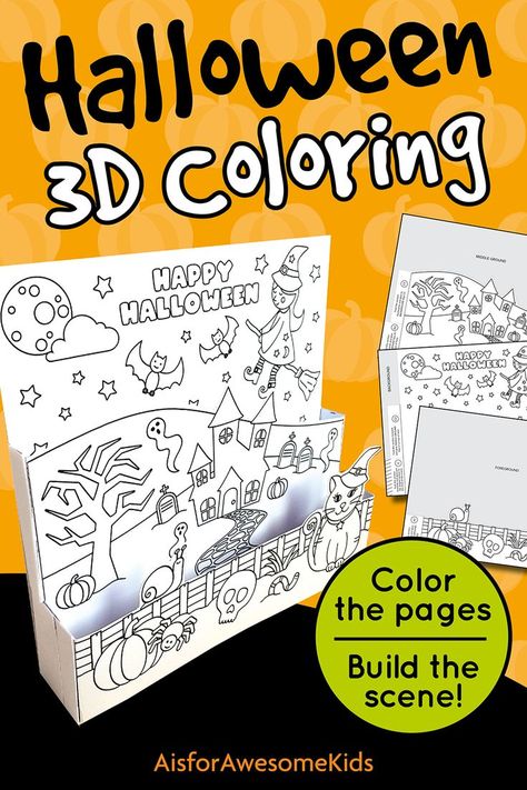 Halloween 3D Coloring Scene for kids to colour and build a freestanding layered picture. Featurung a spooky haunted house, a flying Witch, a cat, bats, ghosts, snail, spider, skull and pumpkin to colour in. A great printable activity for Halloween. Color the 3 layers and then join together to complete the 3D freestanding artwork. Instruction page also provided. 3d Halloween Coloring Pages, Halloween Pictures To Color For Kids, 3d Coloring Pages, 3d Coloring, Halloween Arts, Halloween Science, Spider Crafts, Halloween 3d, Easy Halloween Crafts