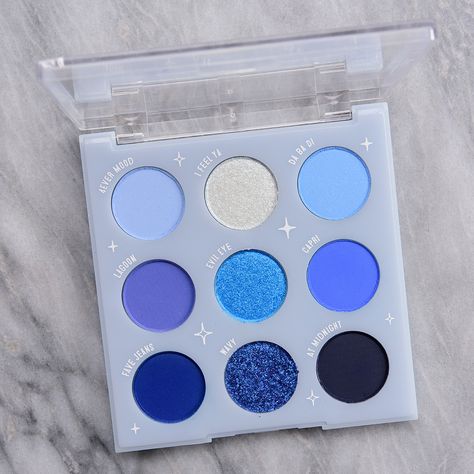 ColourPop Blue Velvet 9-Pan Pressed Powder Palette ($14.00 for 0.32 oz.) is a new, permanent blue-themed color story designed for Target. It featured six matte shades, two shimmers, and one pressed glitter. There were a few shades that had sheerer coverage and had to be built up, while one shimmer was oddly thick, so it was easier to use with a fingertip. The mattes were blendable and easy enough to use but a primer would be a good call! 4Ever Mood is a very pale blue with strong, cool (almost p Colourpop Blue Velvet Looks, Color Pop Palette, Korean Eyeshadow, Colourpop Eyeshadow, Smokey Eye Tutorial, Blue Palette, Eyeshadow Pallets, Blue Pin, Blue Eyeshadow