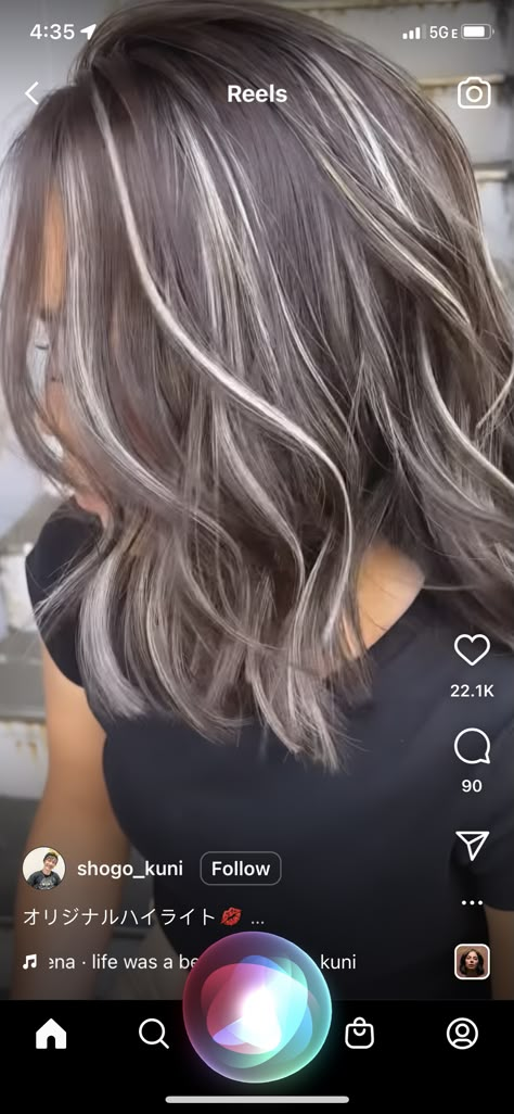 Highlights Hide Gray Hair Brunettes, Hair Color Grey Highlights, Ash Brown Low Lights On Dark Hair, Brown Hair With Silver And Blonde Highlights, Grey With Dark Lowlights, Stages Of Going Blonde, Gray Blonde Brown Hair, Partial Highlights Grey Blending, Brunette Hair White Highlights