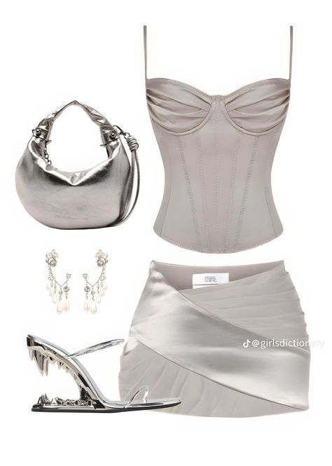 The Eras Tour Outfit, Eras Tour Outfit Ideas, Silver Outfit, Modern Corset, Gray Pencil Skirt, Eras Tour Outfit, Silver Outfits, Glam Outfit, Corset Style Tops