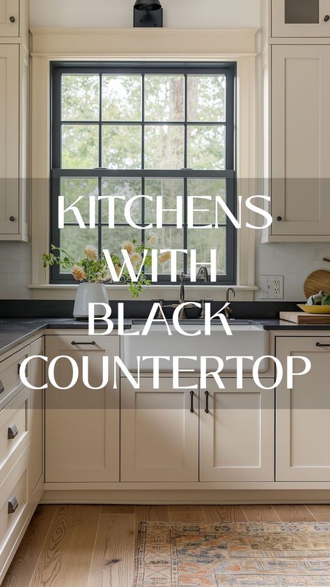 INTERIOR DESIGN STUDIO | By popular demand - kitchen ideas with black countertops! 🖤 Check out our latest reel showcasing some of the hottest and most intriguing… | Instagram Black Kitchen Countertops Beige Cabinets, Cream Kitchen With Black Worktop, Cozy Kitchen Black Counter, Black Countertop Painted Cabinets, Kitchen Cabinet Color With Black Granite, Taupe Kitchen With Black Countertops, Kitchen Paint Colors With Black Counters, Galley Kitchen Black Countertops, Tan Cabinets With Black Countertops