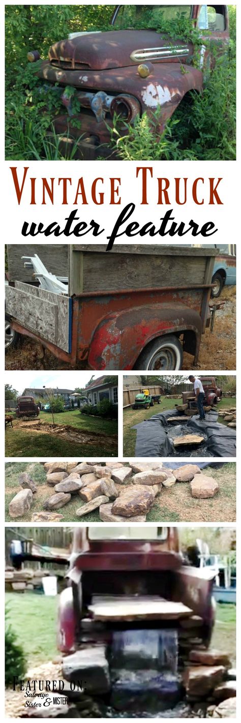 A vintage truck water feature for the backyard. Come tour this DIY backyard oasis complete with a cottage made from almost all repurposed materials. Fun and unique upcycle projects. #upccyle #backyard Old Truck Bed Ideas Yards, Truck Water Feature, Old Truck Landscape Ideas, Truck Fountain, Old Trucks Yard Decor, Old Truck Fountain, Backyard Water Features, Old Truck Waterfall Pond, Dream Backyards