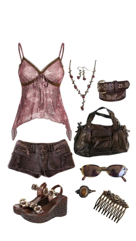 outfit idea, aesthetic outfit idea, summer outfit, y2k, y2k outfit idea, brown outfit, pink top, vintage, vintage bag Cute Y2k Party Outfits, Vintage Mini Skirt Outfit, Symphony Outfit Ideas, Outfit Ideas Emo Y2k, Outfit To Go Thrifting, 2000s Brown Outfits, How To Make Y2k Tops, Bags For Dresses Outfit, Y2k Western Outfits