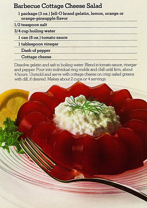 You know you want to try this: Barbecue Sauce Cottage Cheese Salad. A barbecue sauce Jell-O mold! Cottage Cheese Salad, Chicken Croquettes, Gross Food, Random Recipes, Jello Recipes, Dinner Party Recipes, Vintage Cooking, Vintage Food, Cheese Salad