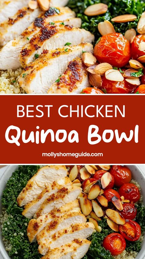 Discover the ultimate balance of flavors with our delicious chicken quinoa bowl recipe. Packed with protein and nutrients, this dish is perfect for a nutritious lunch or dinner option. The combination of tender chicken, fluffy quinoa, fresh veggies, and flavorful herbs will leave your taste buds satisfied and your body nourished. Try our easy-to-follow recipe today and enjoy a hearty meal that brings together healthy ingredients in a simple yet tasty way. Elevate your meal prep game with this wh Chicken And Quinoa Bowl, Quinoa Bowl With Chicken, Quinoa Chicken Bowl, Chicken Quinoa Bowl, Chicken Quinoa Bowl Meal Prep, Chicken Quinoa Power Bowl, Pesto Chicken Quinoa Bowl, Chicken Quinoa Recipes, Delicious Chicken Breast Recipes