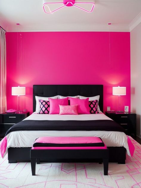 Create a bold neon pink bedroom aesthetic by incorporating a statement neon pink accent wall, matching bedding, and complementing it with black furniture for a striking contrast. Add finishing touches by hanging string lights and using metallic accents for a glamorous touch. Incorporate an edgy and stylish neon pink bedroom aesthetic by incorporating neon pink LED strip lights along the ceiling or baseboards, pairing it with a sleek white platform bed and geometric patterned bedding. Neon Pink Bedroom, Black And White Bed, Pink Accent Wall, Pink Bedroom Aesthetic, Hot Pink Bedrooms, White Platform Bed, Pink Accent Walls, Hanging String Lights, Pink Bedroom Decor