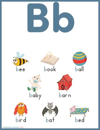 Build phonics skills and practice beginning sound B with your children! This worksheet features pictures of things that begin with the letter B. Teachers and parents can use this printable to introduce the concept of identifying words that start with the letter B. The beginning letter B is highlighted in blue to show B Letter Words, Teaching Short Vowel Sounds, Letter B Activities, Kindergarten Word Families, Letter B Worksheets, First Grade Reading Comprehension, Phonics Worksheets Free, Phonics Free, Bee Book