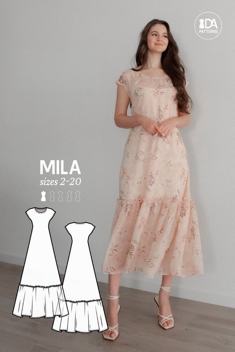 Diy Long Dress, Cottage Core Sewing, Ladys Dresses, Modest Dress Patterns, Mission Outfits, A Line Dress Pattern, Tiered Skirt Pattern, Maxi Dress Sewing Pattern, Sloped Shoulders