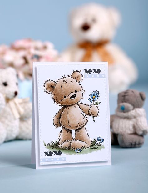 XOXO - a cute card featuring a teddy bear holding a single flower Bear Holding Flowers Drawing, Felted Cards, Alcohol Drawing, Teddy Bear Cards, Scrapbook Cards Ideas, Cards For Scrapbook, Teddy Bear Card, Valentines Bear, How To Make Cards