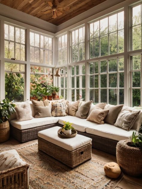 10 Cozy Sunroom Ideas: Bright, Airy and Cozy Space - Homezillo Family Room Sunroom Combo, Sunroom Addition Off Dining Room, Small Three Season Room Ideas, Sunroof Room, Cozy Enclosed Porch Ideas, Large Sunroom Layout, Screened In Porch Decorating Ideas Cozy, Solarium Room Sunroom Addition, All Weather Room