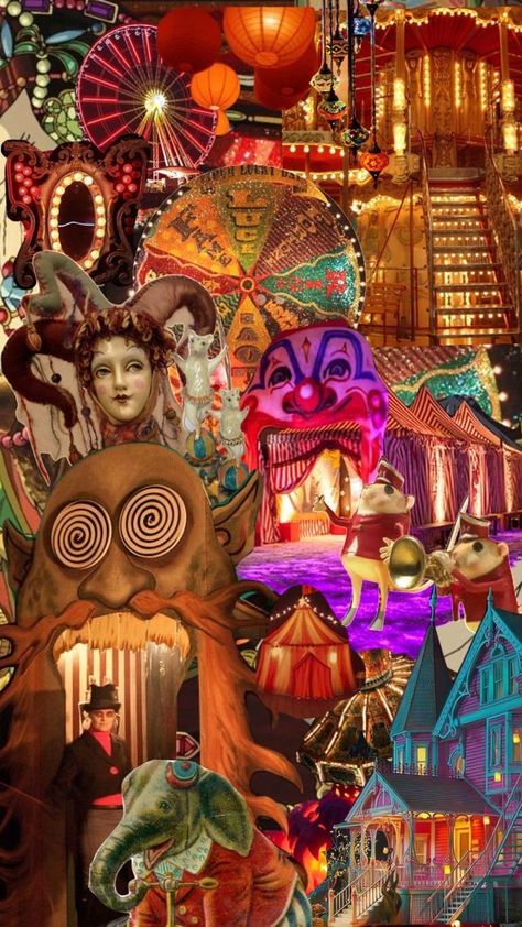 Abandoned Carnival Aesthetic, Whimsical Circus Aesthetic, Carnival Wallpaper Aesthetic, Vintage Circus Color Palette, Old Carnival Aesthetic, Carnival Mood Board, Circus Aesthetic Drawing, Carnival Astethic, Vintage Carnival Aesthetic