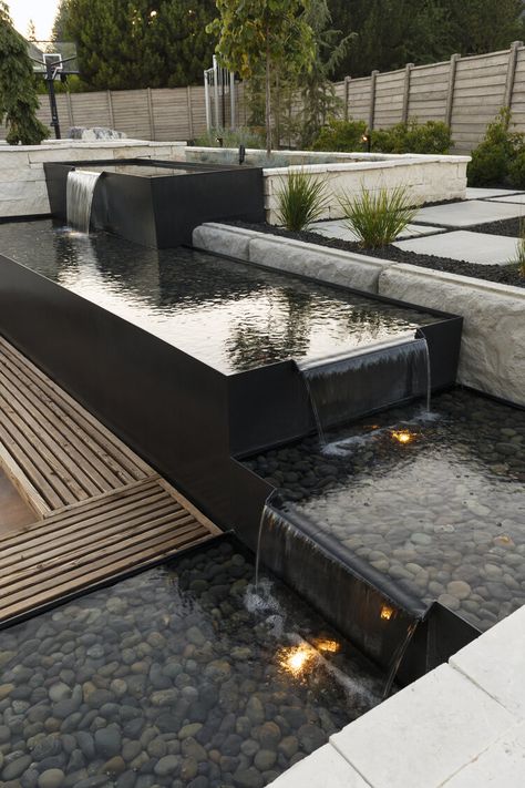 Water Features — Outdoor Elements Simple Water Feature, Modern Fountains Outdoor, Front Yard Water Feature, Hardscape Materials, Cascading Water Feature, Landscape Fountain, Waterscape Design, Contemporary Water Feature, Mod House