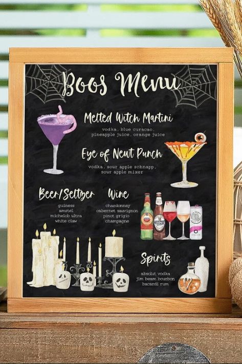 Halloween Drink Menu Ideas, Halloween Bar Menu Ideas, Stock The Bar Halloween Party, Bar Halloween Decorations, Halloween Party Itinerary, Bar Halloween Party Ideas, Halloween Decorations Bar, Halloween Pop Up Bar, Halloweentown Party Ideas