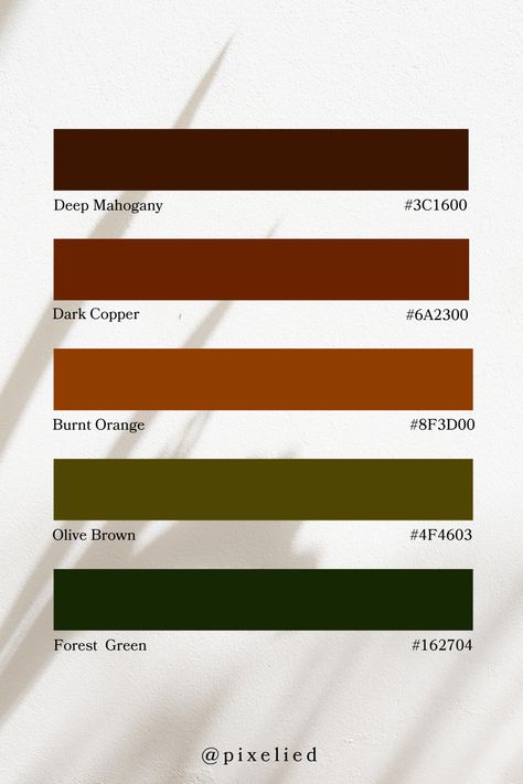 This earthy color palette features deep, rich tones that evoke a sense of warmth and nature. It includes the dark, luxurious hues of deep mahogany and dark copper, the bold burnt orange, the subtle olive brown, and the grounding dark forest green. Perfect for creating a cozy and sophisticated atmosphere. Brick Orange Color Palette, Room Ideas Aesthetic Burnt Orange, Dark Terracotta Color Palette, Orange Earth Tones, Clay And Green Color Palette, Earth Tone Color Palette Green, Copper Green Color Palette, Brown Orange Green Color Palette, Copper Color Combinations