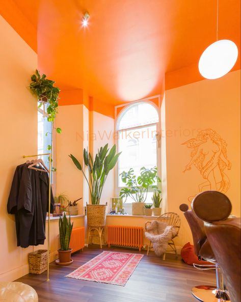 70s inspired hair salon in Glasgow Bright Salon Decor, Maximalist Hair Salon, 70s Salon, Funky Hair Salon, Orange Hair Salon Decor, Colorful Hair Salon, Retro Hair Salon, Cozy Hair Salon, 70s Hair Salon Interior Design