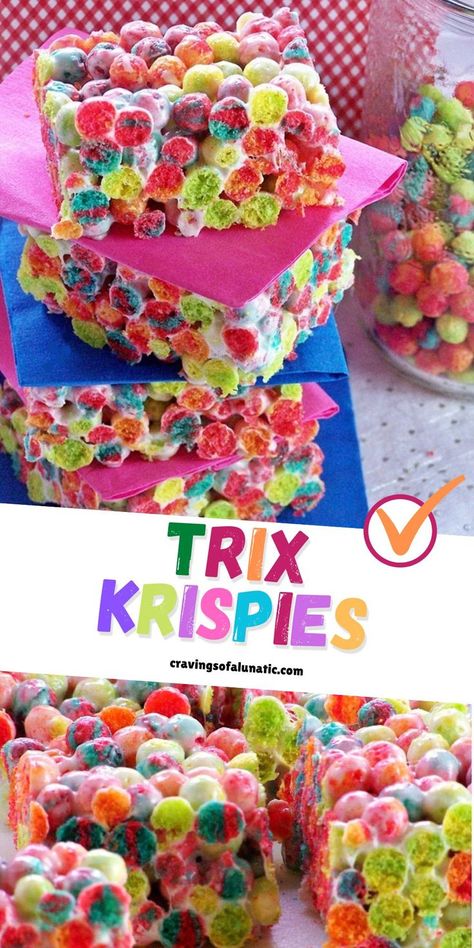 Collage image featuring two photos of Trix Krispie cereal treats cut into squares and displayed on a neutral counter. Dessert Potluck, Trix Cereal, Kids Cereal, Holiday Baking Recipes, Cereal Treats, Cereal Bars, Fruity Desserts, Rice Crispy Treats, Party Food And Drinks