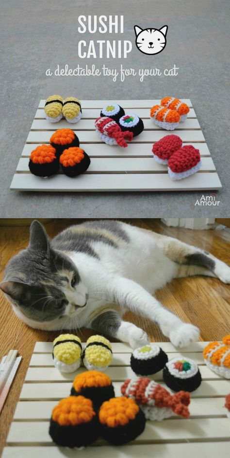 Catnip Sushi Crochet Pattern - Free Crochet Pet Stuff, Diy Crochet Cat Toys, Cat Crochet Toys, Cat Crochet Projects, Cat Toys Crochet Pattern Free, Free Pet Crochet Patterns, Crochet For Pets Free Patterns, Cat Toy Crochet Pattern Free, Easy Crochet Cat Toys