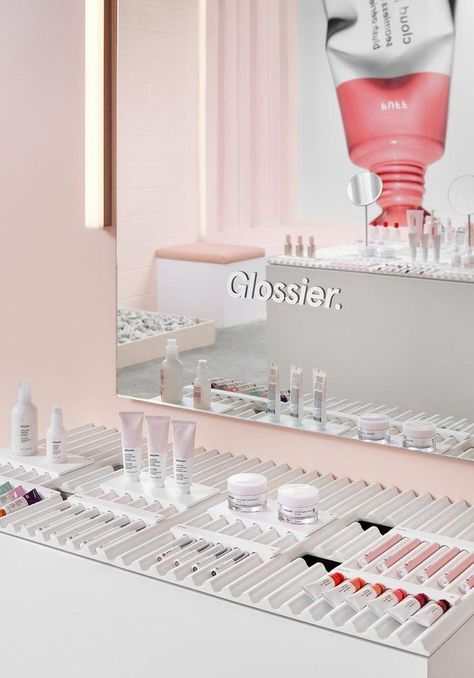 Glossier Pop Up, Cosmetic Display, Beauty Pop, Retail Space, Display Design, Pop Up Stores, Beauty Store, Pop Up Store, Booth Design