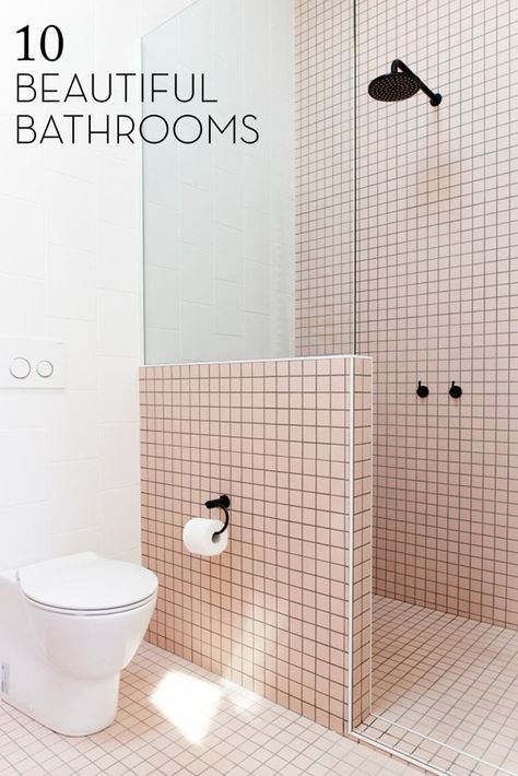 (via Design Milk) Alright friends, lets be honest. A good bathroom, with the perfect amount of sink space and a deep bathtub, is one the best aspects about traveling and… Gorgeous Apartment, Coloured Grout, Bad Inspiration, Pink Tiles, Pink Bathroom, Minimalist Bathroom, Bathroom Renos, House Bathroom, Shower Design