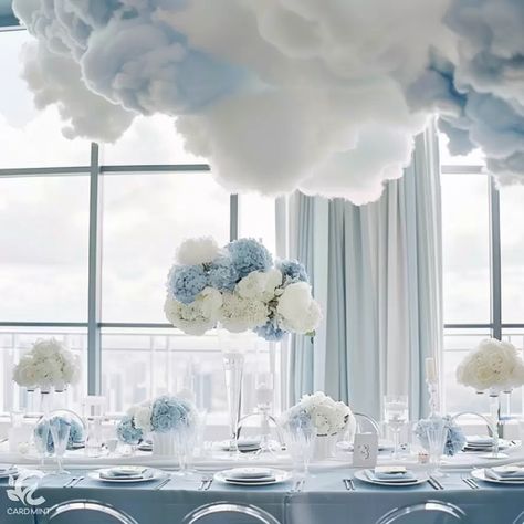 35 Dreamy Ideas for a 'She's on Cloud Nine' Bridal Shower | Cardmint Cloud Flower Centerpiece, Clouds Wedding Decor, Cloud Theme Party Ideas, Wedding Cloud Theme, On Cloud Nine Wedding Theme, Engagement Party Cloud 9, Shes On Cloud 9 Bridal Shower Theme, On Cloud Nine Party Theme, On Cloud 9 Decorations