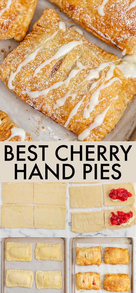 Hand Pies Recipes Puff Pastry, Cherry Pie Pastry, Fried Cherry Hand Pies, Baked Cherry Hand Pies, Cherry Cheesecake Turnovers, Easy Dessert Recipes Using Puff Pastry, Cherry Hand Pies Puff Pastry, Cherry Cheesecake Hand Pies, Puff Pastry Hand Pies Desserts