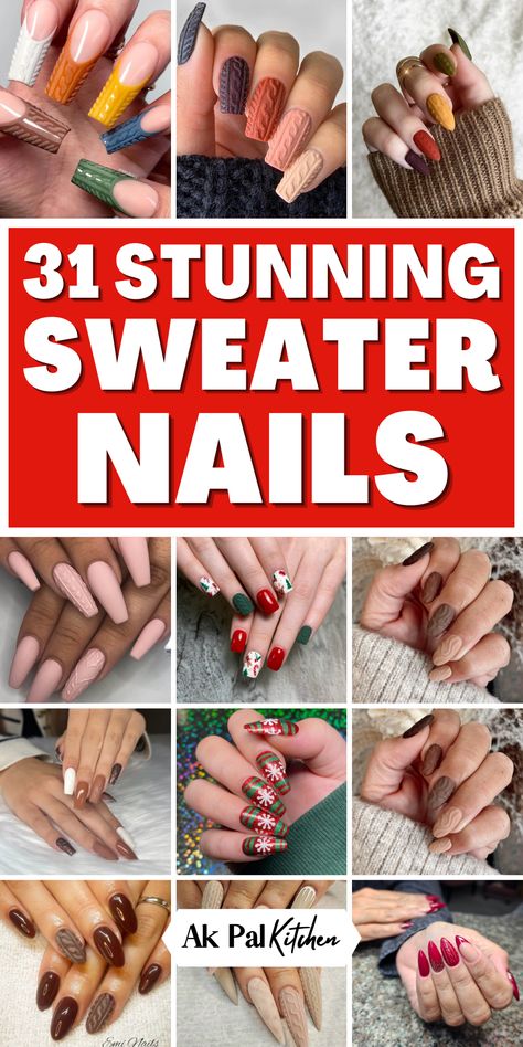 Get cozy with these stunning sweater nail designs! From classic Brown and white sweater nails to bold red and pink sweater nails, this Holiday sweater nails collection has everything you need for a chic winter look. Learn how to create 3D sweater nails with easy tutorials, or try out knitted sweater nail art for a unique twist. Perfect for fall and winter sweater nail art, these sweater French tip nails and Christmas sweater nail art ideas will keep your manicure on-trend all season long! Christmas Nails Knitted, Ugly Sweater Nail Art, Winter Nails Sweater Art Designs, Holiday Sweater Nails, Fall Nails Sweater Design, Sweater Fall Nails, Nails With Sweater Design, Sweater French Tip Nails, Nails Sweater Design