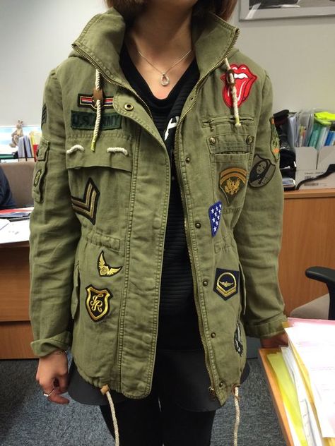 My diy badges and patches military jacket: Army Jacket Patches, Patch On Jacket, Army Jacket Outfit, Military Jacket Outfit, Military Jacket Outfits, Diy Badges, Patched Jacket, Jacket With Patches, Military Jackets