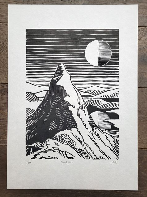 Relief (linocut) print hand made using Caligo black relief printing ink on Ho-Sho Japanese paper.  The black and white image depicts a view along the ridge of Suilven towards Caisteal Liath, its western summit, with rising half-moon above the landscape of hills and lochs in the background. The image is based on the original sketches by the artist made on location in July 2021. This work also forms part of a series of prints influenced by the travel writing and illustrations from the celebrated american artist Rockwell Kent; and reflections on insignificance of a human being in the face of the power and age of Nature.  The print is signed and numbered limited edition of 20. Due to the nature of the process there would be slight variations between each print in the edition. Size of image: 20 Ridge Illustration, Mountain Block Print, Lino Mountain, Camping Linocut, Lino Print Mountains, Linocut Landscape, Block Print Mountains, Lino Landscape, Linocut Landscape Black And White