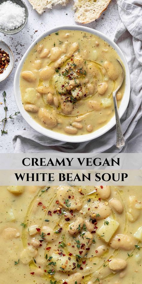 White Bean And Garlic Soup, White Bean Instant Pot Recipes, Cream Of Bean Soup, Easy White Bean Soup Recipes, Garlic Bean Soup, Vegan Butter Bean Soup, White Diet Recipes, Creamy Vegan White Bean Soup, Creamy Butter Beans Recipe