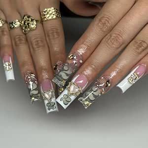 Long Press on Nails with Charms White French Tip Fake Nails Square Glue on Nails with Heart Dollar Charms Rhinestone Designs Pink Money False Nails Acrylic Full Cover Stick on Nails for Women 24PCS Press On Nails With Charms, Nails With Charms, French Tip Fake Nails, Fake Nails White, Money Nails, White French Nails, French Tip Press On Nails, Long Press On Nails, White French Tip