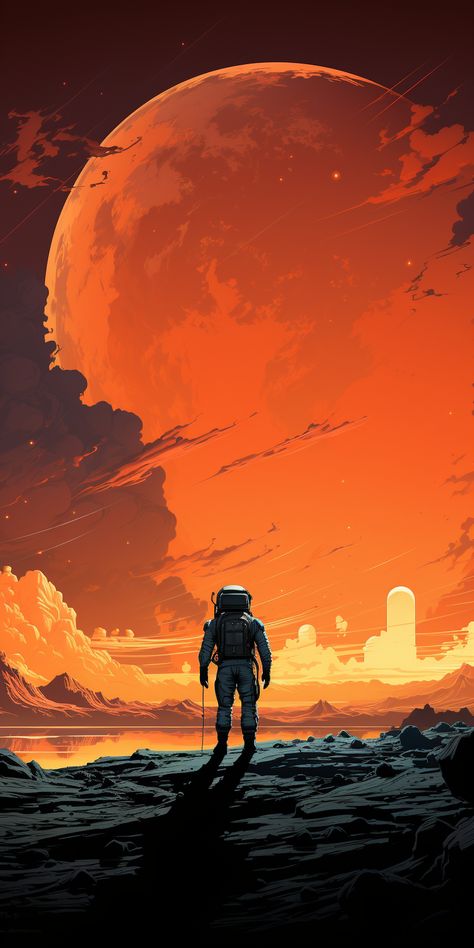 Moon Surface Illustration, Astronaut Standing, Surface Illustration, Moon Surface, Red Moon, Minimalist Wallpaper, Blade Runner, Rocky, Planets