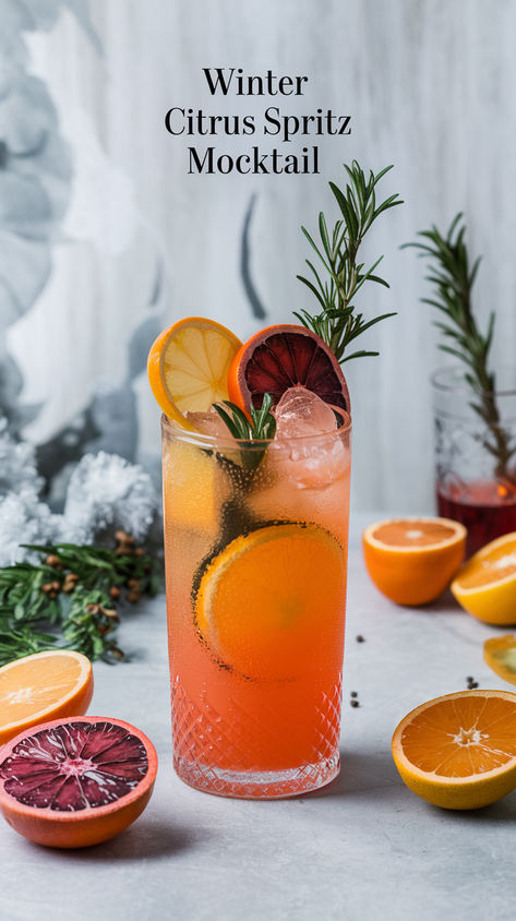 "Discover the perfect Winter Citrus Spritz Mocktail Recipe for your festive  gatherings! This delightful non-alcoholic drink combines refreshing citrus  flavors, making it an ideal choice for holiday mocktail ideas. Elevate your  winter mocktails with this vibrant and easy-to-make beverage, perfect for  any celebration. Enjoy the taste of refreshing citrus drinks that everyone  will love!" Smoothie Alcohol Drinks, Tea Cocktails Non Alcoholic, Citrus Alcohol Drinks, Gluten Free Mocktail, Non Alcoholic Holiday Cocktails, Holiday Drink Non Alcoholic, Winter Spritzer Drinks, Winter Solstice Drinks, Delicious Mocktails Non Alcoholic