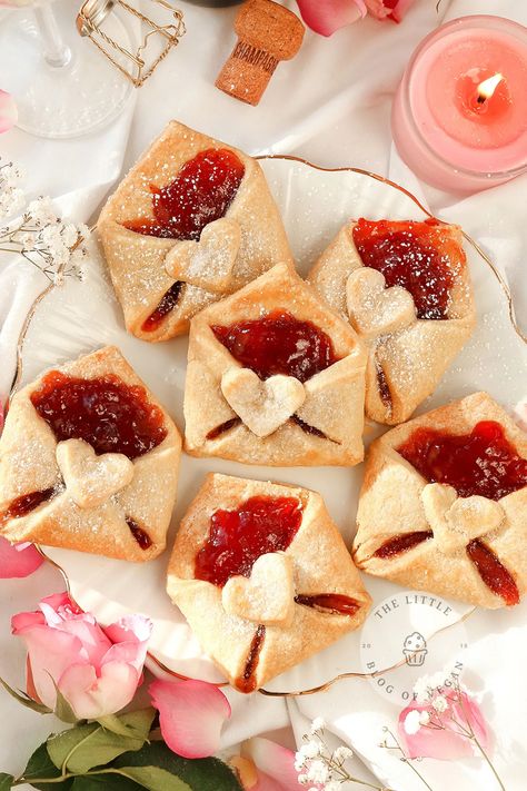 Vegan Love Letter Pastries - The Little Blog Of Vegan Love Note Pastry, Love Letter Puff Pastry, Easy Vegan Puff Pastry Dessert, Cafe Pastries Recipes, Love Letter Pastries, 2023 Dessert Trends, Cute Pastries Recipes, Valentines Day Party Snacks, Cute Birthday Food