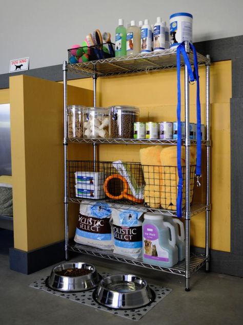 Wire Garage Shelf for Pet Supply Storage >> http://www.hgtv.com/design-blog/clean-and-organize/garage-organizing-ideas?soc=pinterest Easy Garage Storage, Pet Supplies Organization, Food Storage Cabinet, Pet Station, Pet Feeding Station, Dog Organization, Metal Shelving, Pet Area, Pet Organization