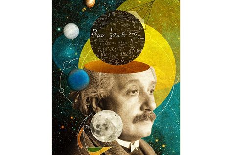 Albert Einstein's breakthrough from a century ago was out of this world. Now it seems surprisingly down-to-earth Mathematics Art, School Book Covers, Science Illustration, Theory Of Relativity, Physics And Mathematics, 5 Anime, Space And Astronomy, A Collage, Science Art