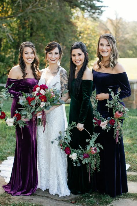 17 Gorgeous Photos Of Bridesmaids Rocking The Velvet Dress Trend | HuffPost Life Velvet Jewel Tone Bridesmaid Dresses, Purple Velvet Bridesmaid Dresses, Jewel Tone Bridesmaid Dresses, Jewel Tone Bridesmaid, Dark Purple Bridesmaid Dresses, Dark Wedding Theme, Rust Bridesmaid Dress, Velvet Bridesmaid, Velvet Evening Gown