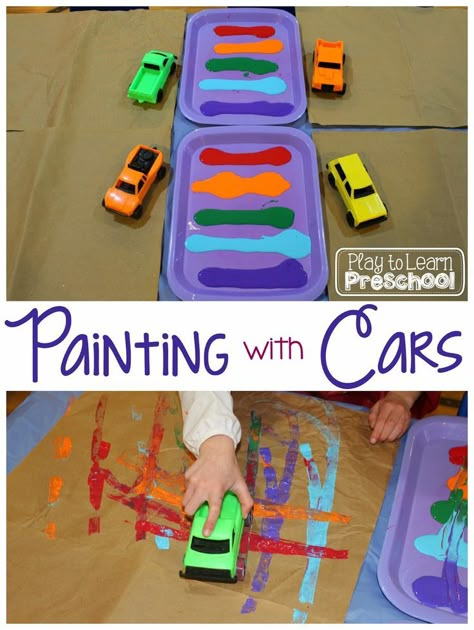 Play to Learn Preschool - Painting with Cars - awesome process art activity for preschoolers that older kids would enjoy too! Painting With Cars, Preschool Transportation Crafts, Preschool Painting, Transportation Unit, Transportation Activities, Transportation Crafts, Transportation Preschool, Toddler Art Projects, Transportation Theme