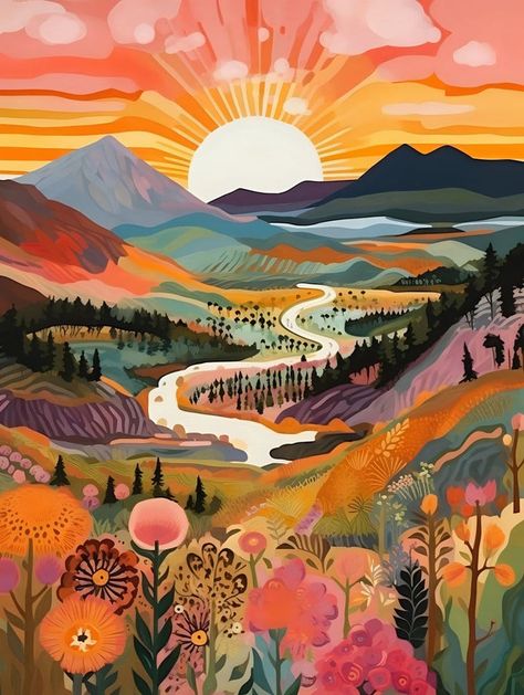 Illustration Kunst, Colorful Mountains, The Joy Of Painting, Paint By Numbers, Art And Illustration, Vibrant Art, Mountain Landscape, Art Plastique, Paint By Number