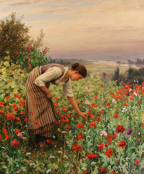 KNIGHT, DANIEL RIDGWAY (1839-1924) Girl Picking Poppies Art Amour, Galleria D'arte, Picking Flowers, Art Ancien, Art Et Illustration, Paintings I Love, Dmc Floss, Art Appreciation, Art And Illustration