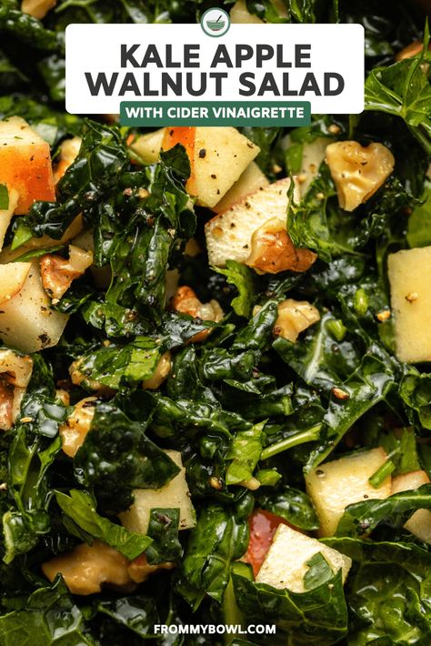 This Kale Apple Walnut Salad with Cider Dressing is the perfect fall salad recipe! Sweet apples, crunchy walnuts, and tender kale drenched in a tangy apple cider dressing. Vegan, Grain-Free. Kale Walnut Salad, Kale Apple Walnut Salad, Kale Apple Salad Recipes, Autumn Kale Salad, Warm Kale Salad Recipes, Recipes With Kale, Apple Kale Salad, Kale And Apple Salad, Cider Dressing