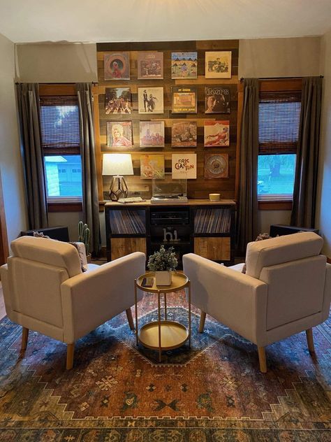 Music Sitting Room Ideas, Living Room Vinyl Records, Library And Record Room, Unique Vinyl Record Storage, Record Corner Living Rooms, 70s Inspired Music Room, Record Listening Area, Unique Record Storage, Record Player Table Decor