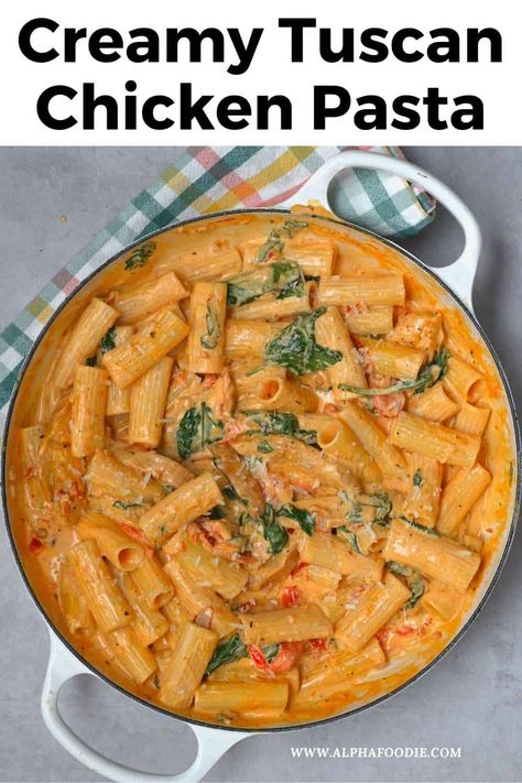 Restaurant-quality creamy Tuscan chicken pasta in under 30 minutes - a rich pasta dish made with seasoned chicken in a garlicky tomato, spinach, & parmesan cream sauce. Cream Chicken Pasta, Creamy Tomato Pasta Recipes, Chicken Pasta Dish, Creamy Tuscan Chicken Pasta, Creamy Spinach Chicken, Spinach Parmesan, Tuscan Pasta, Chicken Spinach Pasta, Creamy Tuscan Chicken