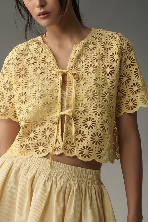 Eyelet Shirt, Dress Up Boxes, Upcycle Sewing, Japan Woman, Sunshine Yellow, Tie Front Blouse, Linen Style, Short Sleeve Cropped Top, Tie Blouse