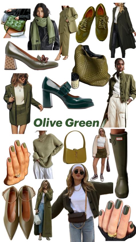 Fall 2024 trends using olive green Pistachio Green Outfit Color Combos, Olive Green Monochrome Outfit, Burnt Orange And Olive Green Outfit, Olive Outfits For Women, Shades Of Green Outfit, Olive Green Outfit Ideas, Olive Green Outfits, Green Monochrome Outfit, Olive Jeans Outfit