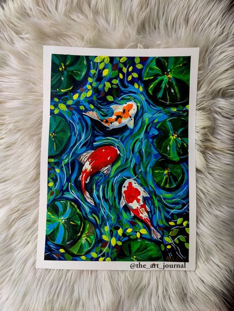 A5 Acrylic Painting, A4 Acrylic Painting, Aquarium Painting Acrylic, A5 Painting Ideas, Pond Painting Acrylic, Koi Fish Painting Acrylics, Koi Pond Painting, Koi Pond Art, Unique Acrylic Paintings