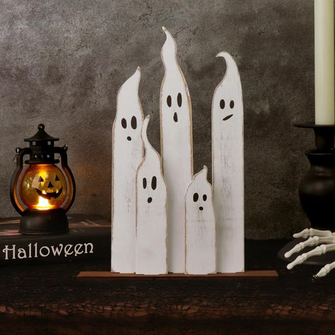 PRICES MAY VARY. PACKAGE INCLUDES: A set of tall and slim white cute Halloween ghost decor wooden signs. Add classic Halloween folk art designs to your Halloween home decor. UNIQUE DESIGN: No two figurines are the same height, allowing them to be artfully arranged in a staggered, uneven formation. The premium wood construction makes it perfect for Halloween tiered tray decor. SUITABLE SIZE: The Halloween table decorations are 0.6 inches in thickness, freestanding and simply DIY. Bring whimsical Farmhouse Halloween Tiered Tray, Easy Halloween Wood Projects, Halloween Rustic Decor, Cute Spooky Halloween Decor, Halloween Inside Decorations, Wooden Halloween Decor, Wood Halloween Crafts, Halloween Decorations Signs, Wooden Fall Decorations