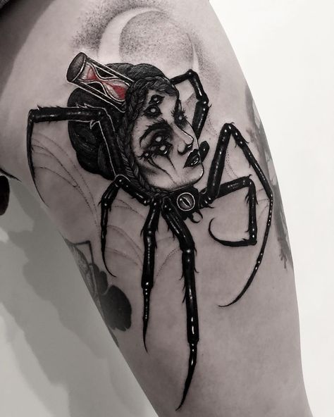 Creepy black widow spider tattoo Neotrad Spider Tattoo, Woman Spider Tattoo, Spider With Woman Head Tattoo, Creepy Bug Tattoo, Spider Woman Tattoo, Creepy Spider Tattoo, Spider Face Tattoo, Spider Lady Tattoo, Jorogumo Tattoo