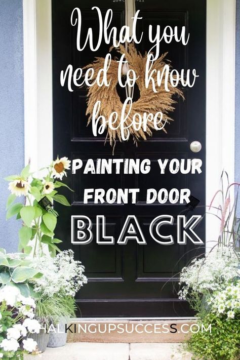 Black Exterior Door Paint Color, Painting Shutters And Front Door, Black Front Door Decor Entrance, Painting Exterior Door Black, Paint Exterior Door Black, Front Door Colors Black House, Best Black Paint For Exterior Doors, Best Black Front Door Color, Black Door Outside